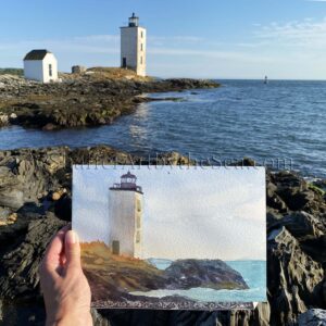 Plein air watercolor of Dutch Island Lighthouse