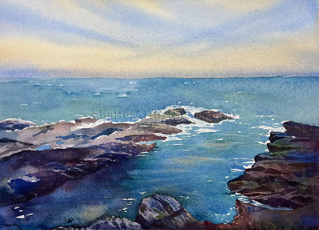 Watercolor painting Beavertail State Park, Rhode Island