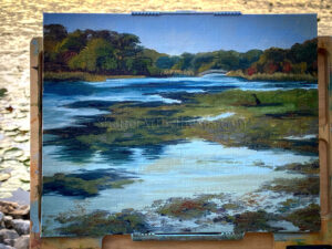 Plein air oil painting of Belleville Pond, North Kingstown, RI