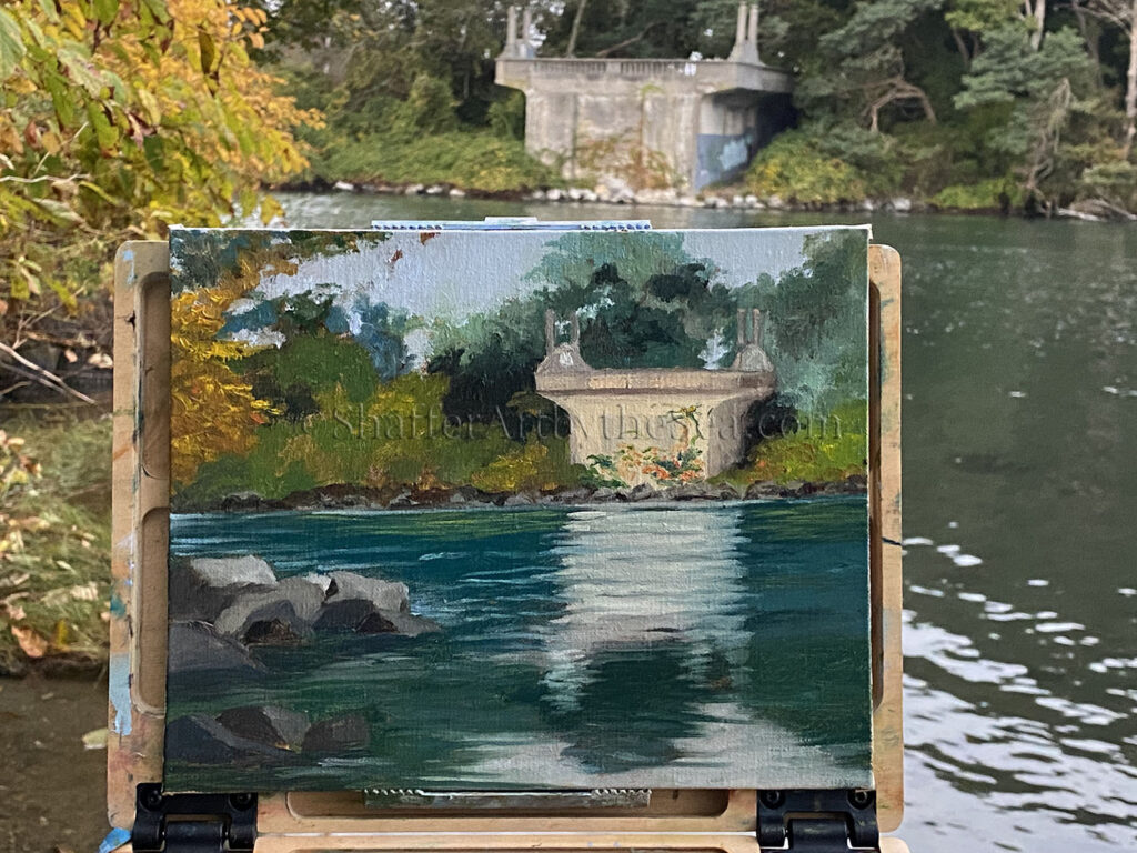 Plein air oil painting Sprague Bridge, Narrow River, Narragansett, RI