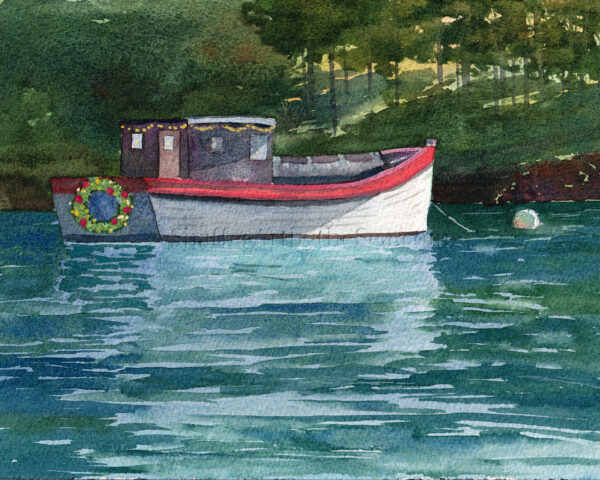 Christmas Afloat: watercolor boat painting | 8 x 10 in