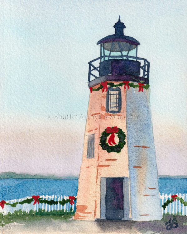 Christmas at Goat Island Lighthouse, Newport, Rhode Island watercolor painting