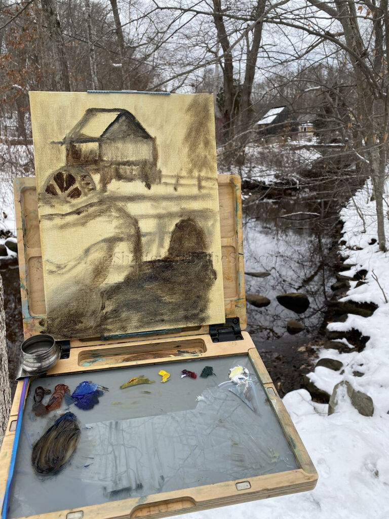 Line drawing Gilbert Stuart birthplace plein air painting