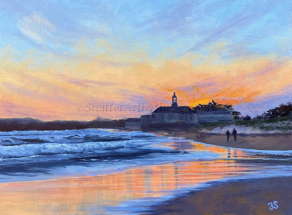 Landscape oil painting of a couple walking on the beach at sunset in Narragansett beach, Rhode Island coastal art for sale