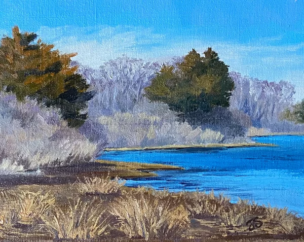 Original Oil Painting Winter Marsh on Narrow River, Rhode Island