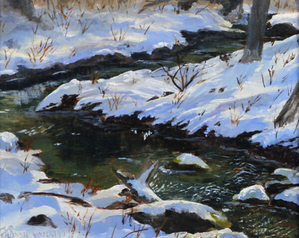 'Snowy Stream' plein air landscape oil painting of a snow covered stream tributary to Indian Lake, South Kingstown, Rhode Island