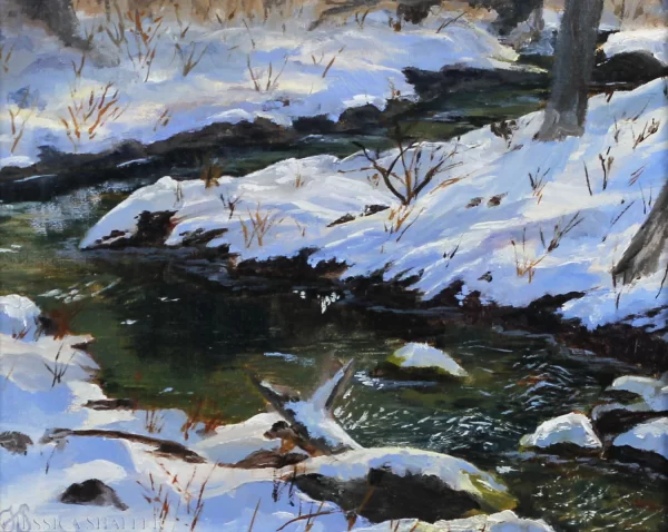 'Snowy Stream' plein air landscape oil painting of a snow covered stream tributary to Indian Lake, South Kingstown, Rhode Island