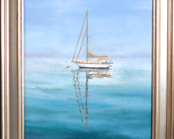 ‘Foggy Mooring’ Original Oil Painting of Cape Dory in the Maine morning fog