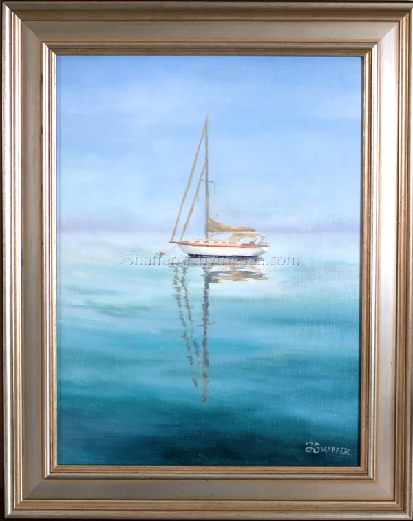 'Foggy Mooring' Original Oil Painting of Cape Dory in the Maine morning fog - Image 2