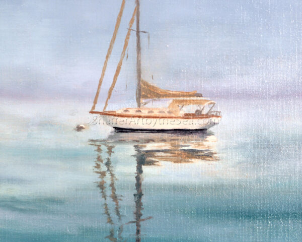 ‘Foggy Mooring’ Original Oil Painting of Cape Dory in the Maine morning fog