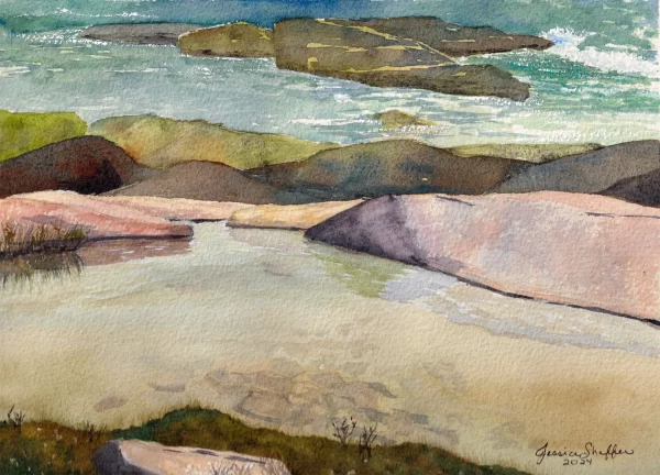 Warm Rocks, Gray Skies: seascape painting at Black Point | 8 x 11 inches