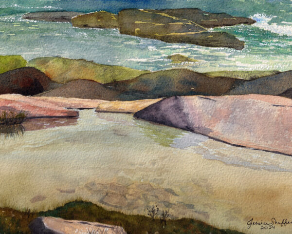 Warm Rocks, Gray Skies: seascape painting at Black Point | 8 x 11 inches