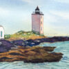 Landscape watercolor painting of Dutch Island Lighthouse, Rhode Island