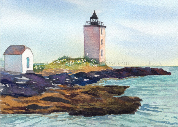 Landscape watercolor painting of Dutch Island Lighthouse, Rhode Island