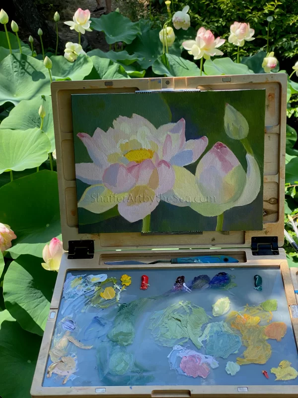 'Lotus Bud to Blossom' plein air oil painting, 12 x 9 inches - Image 4