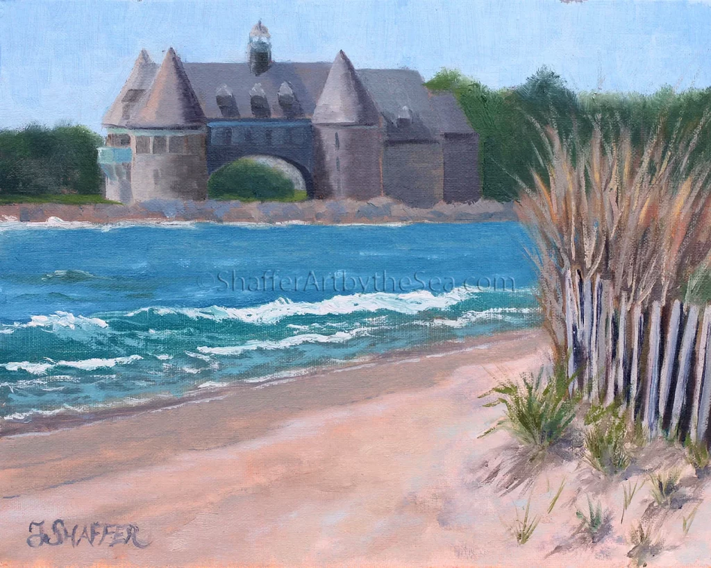 Coastal art print of Narragansett Beach and Narragansett Towers oil landscape painting, Rhode Island art for sale