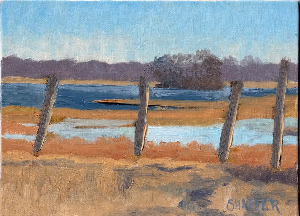 Plein air landscape oil painting of the Garrison House Acres marsh on the Narrow River. Narragansett, Rhode Island art for sale