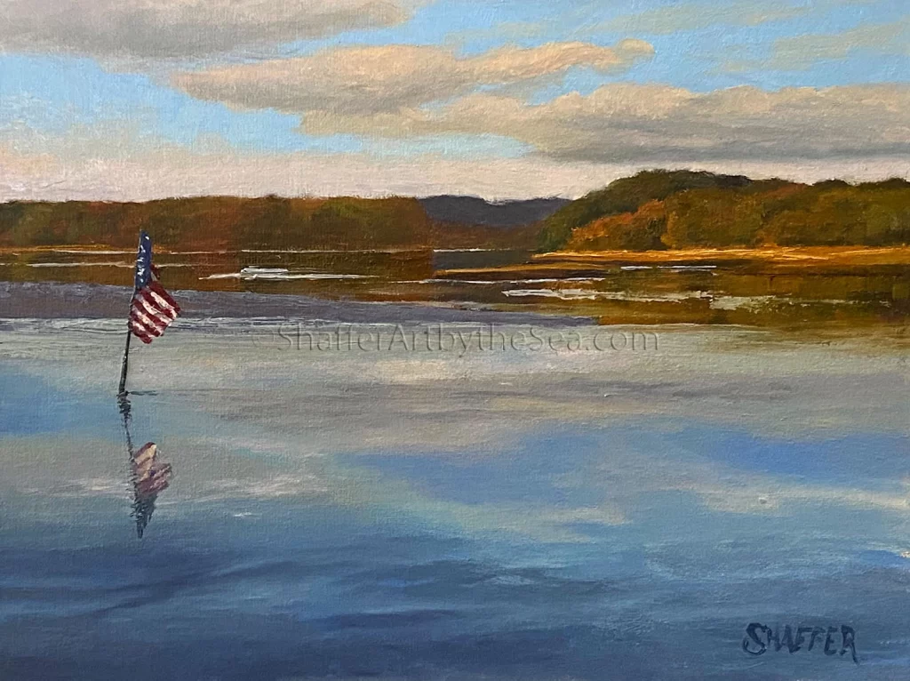 Plein landscape oil painting of Narrow River Inlet at Narragansett Beach, Rhode Island, 'TGIF on the River', 9 x 12 inches, SOLD