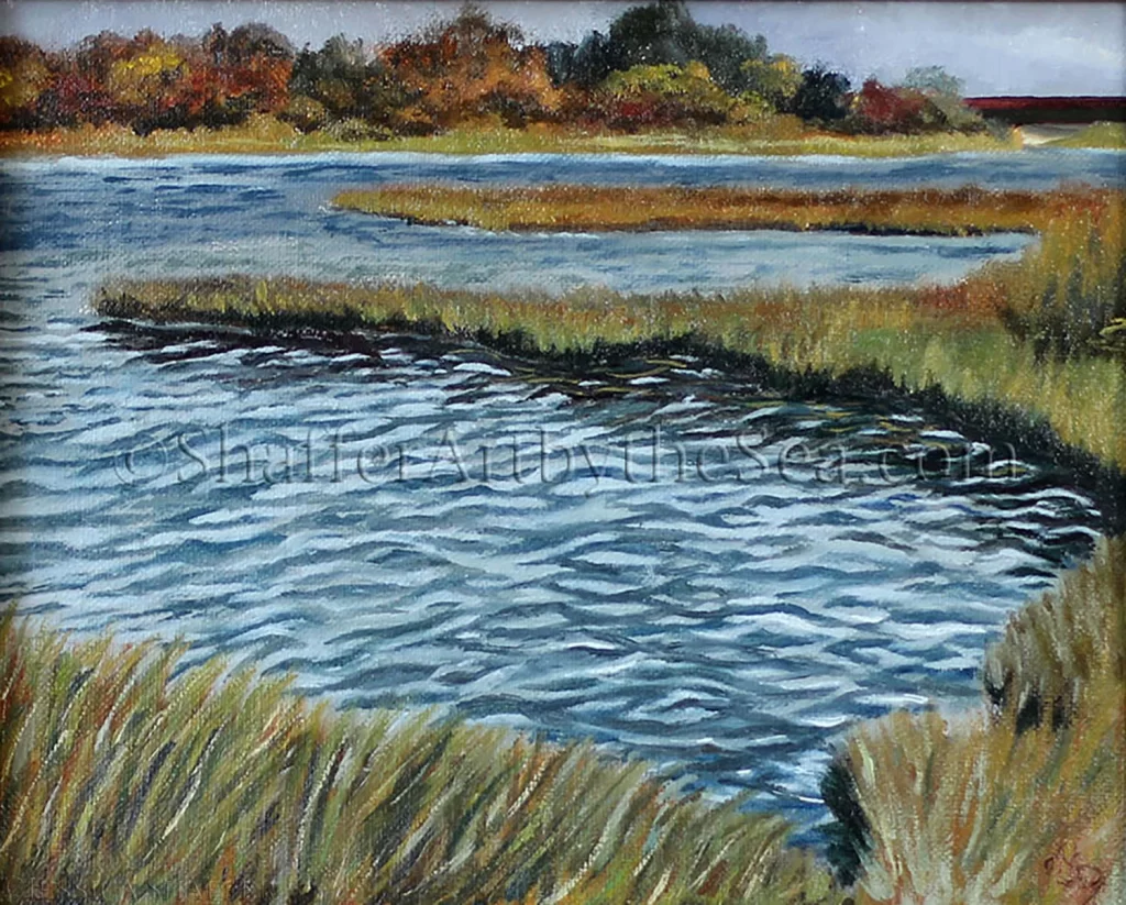 Fall plein air landscape oil painting of Narrow River marsh, Rhode Island