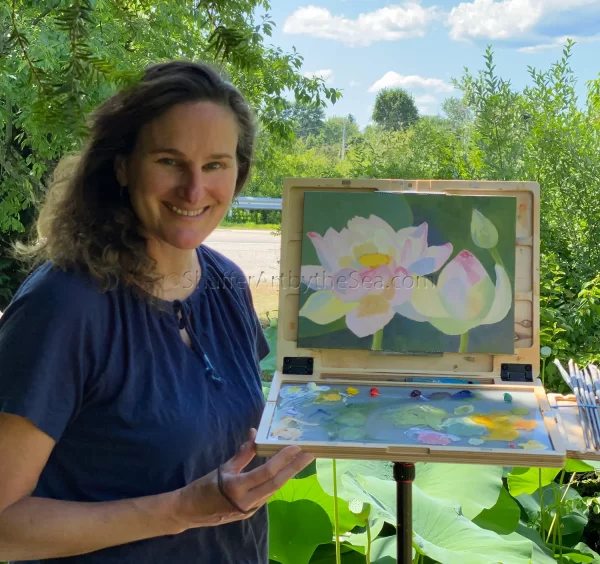 Artist Jessica Shaffer with Lotus Flower oil painting