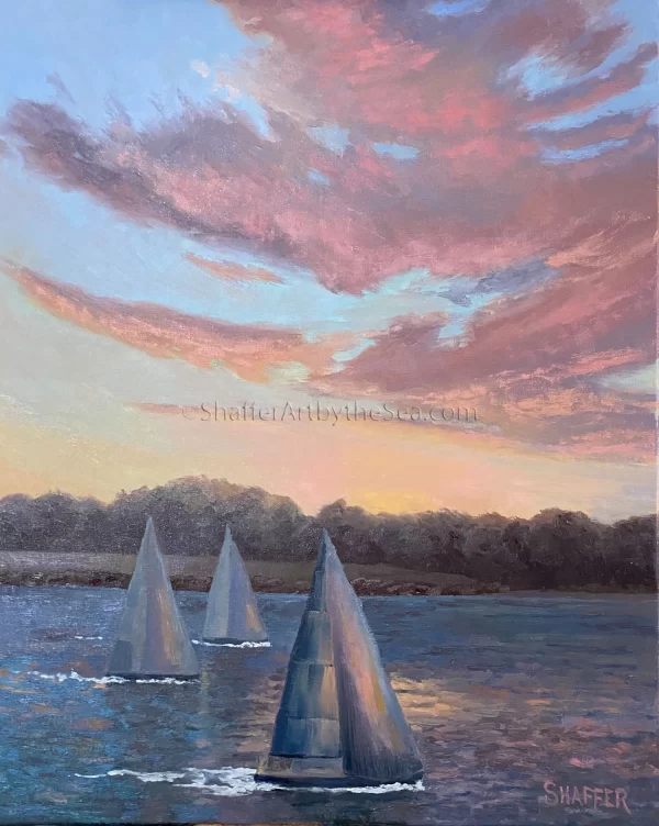 'Last Tack Home', landscape oil painting of sailboats in Narragansett Bay at sunset offshore Castle Hill, Newport, R.I., 16 x 20 inches