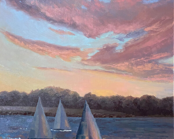 Last Tack Home: sailboats at sunset oil painting Newport, RI | 20 x 16 in