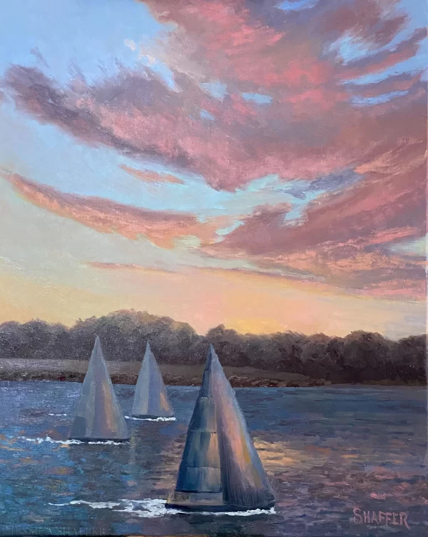 Last Tack Home: sailboats at sunset oil painting Newport, RI | 20 x 16 in