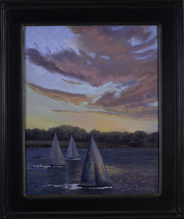 'Last Tack Home' framed original oil painting of sailboats offshore Castle Hill, R.I.