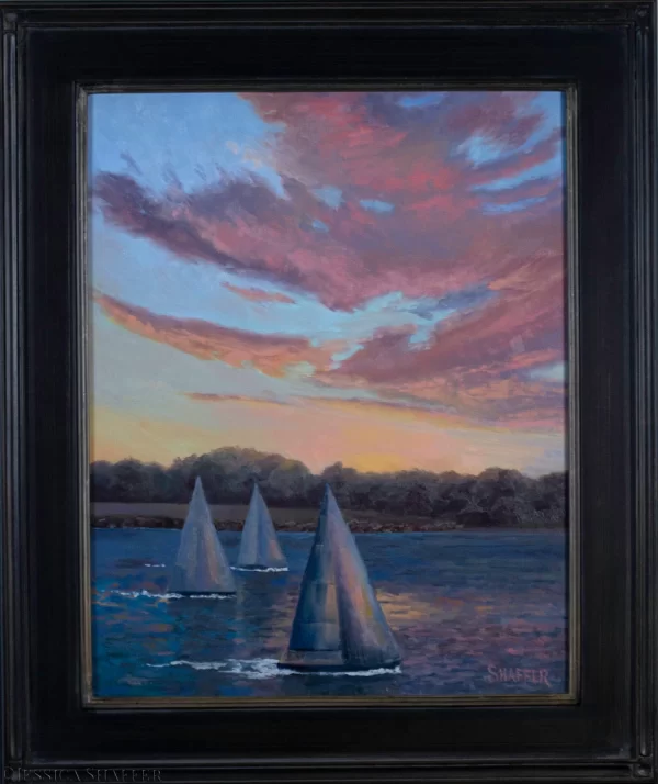 Last Tack Home: sailboats at sunset oil painting Newport, RI | 20 x 16 in