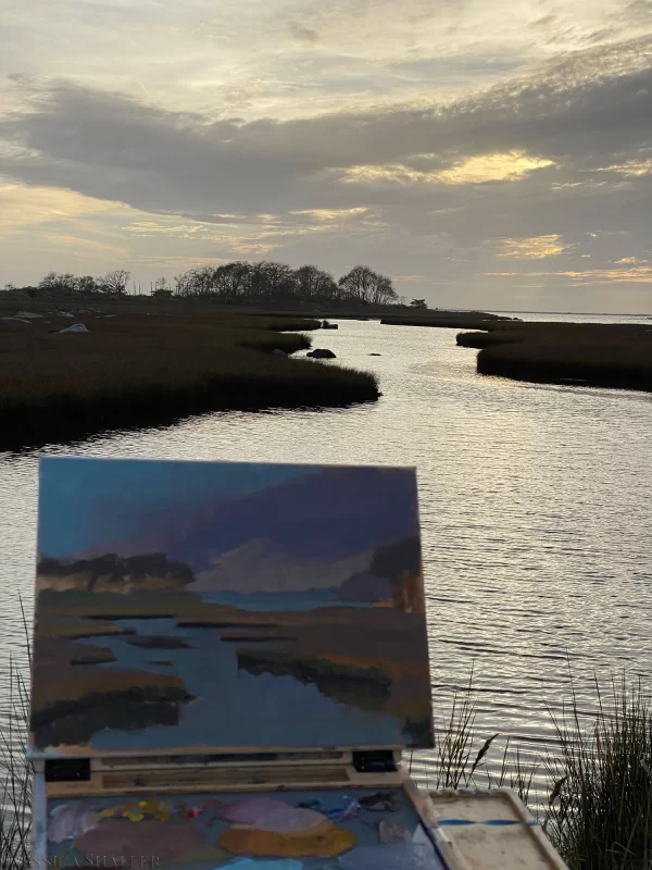 Plein air painting during sunset at Barn Island Management Area, Stonington, CT