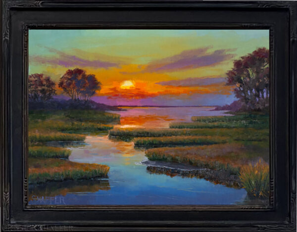 'Barn Island Sunset' framed in solid wood antique style black frame.