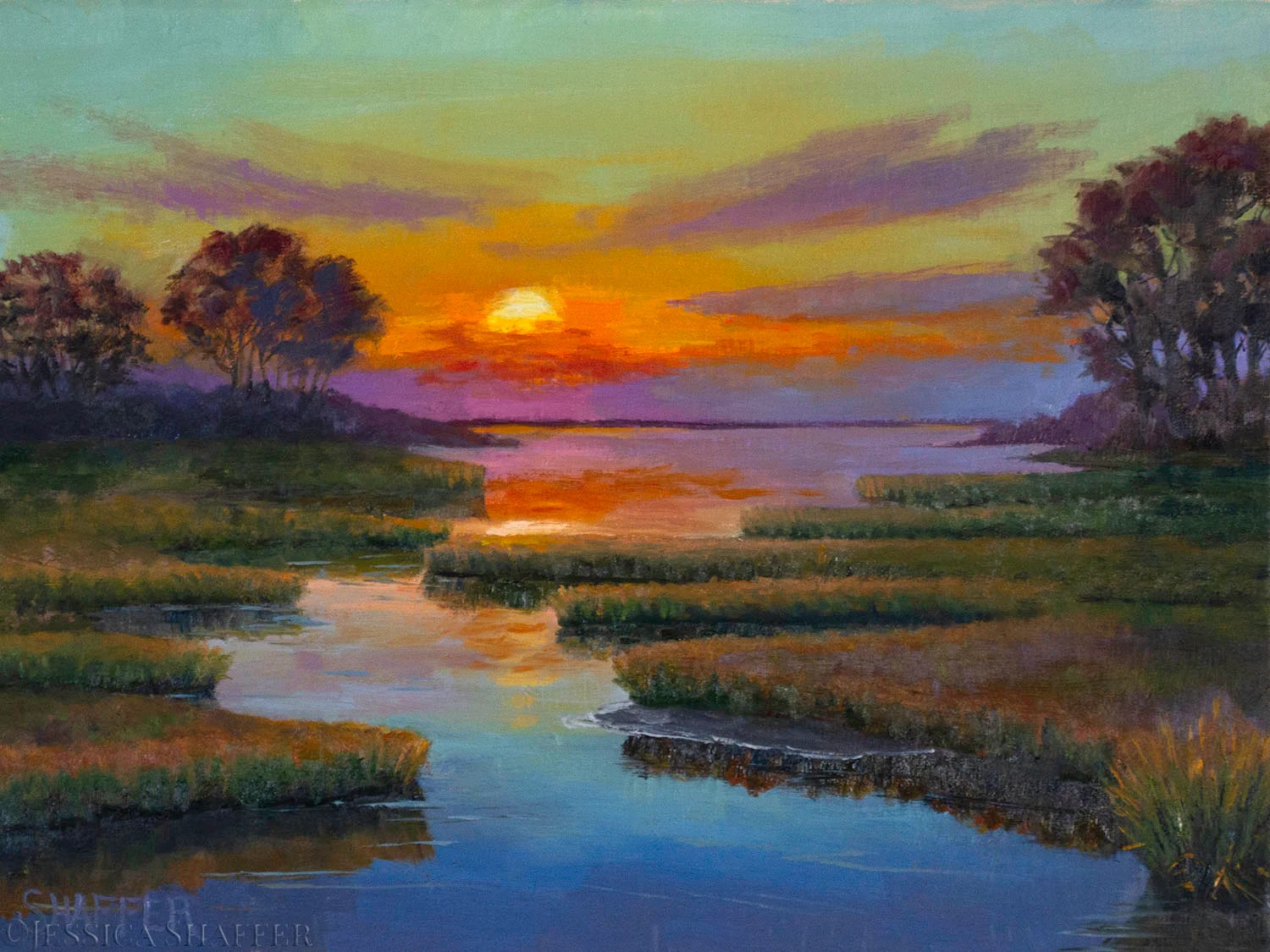 Landscape oil painting of sunset at Barn Island Management Area, Stonington, Connecticut, 16 x 12 inches