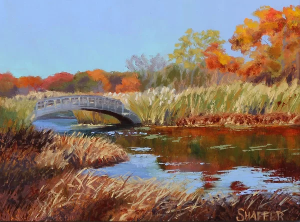 Plein air landscape oil painting of fall color on Belleville Pond, North Kingstown, Rhode Island