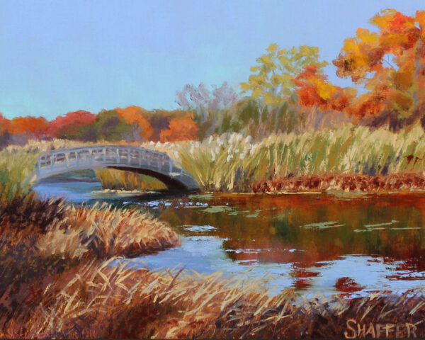 ‘Autumn on Belleville Pond’, plein air landscape oil painting, 12 x 9 inches