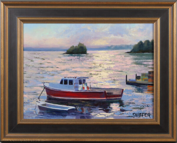 'Friendship Cove Sunset' landscape oil painting of a lobster boat and pots framed in solid wood black frame with gold accents.