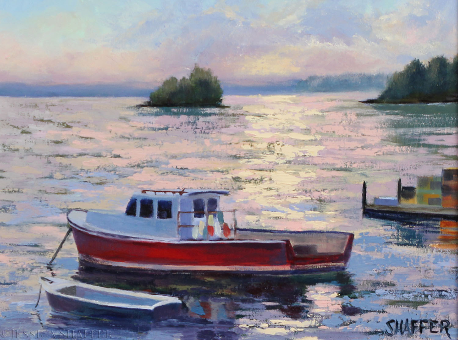 'Friendship Cove Sunset' landscape oil painting of a lobster boat at sunset in Friendship Cove, Maine.
