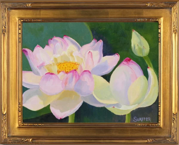 Lotus flower floral oil painting framed in gold