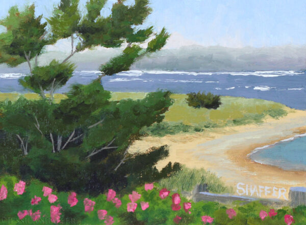 small landscape oil painting of Napatree Point watch hill Rhode Island with beach roses and ocean view