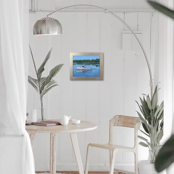 Mock up of lobster boat painting as coastal wall decor in a kitchen