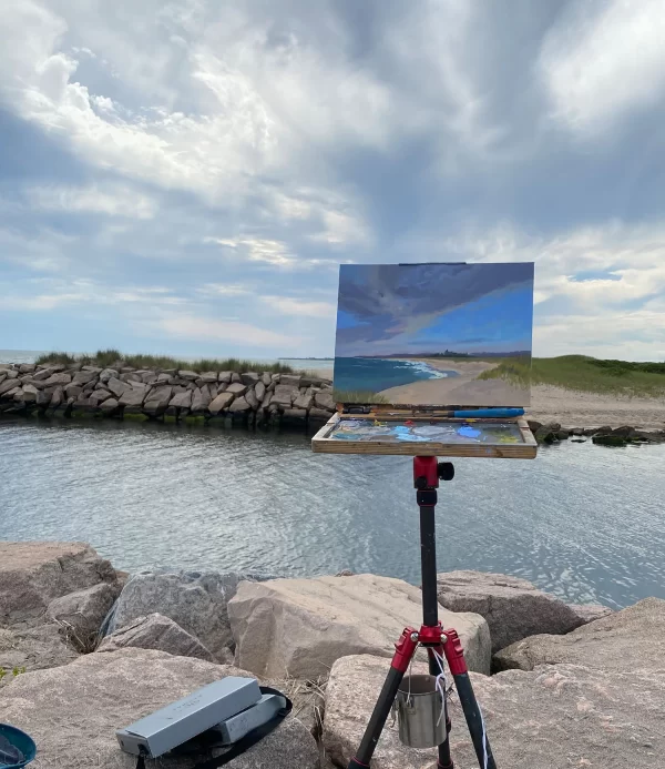 Plein air painting of the dunes and ocean at Charlestown Breach way, Rhode Island