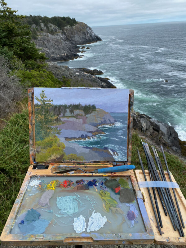 Plein air painting trailside at Squeaker Cove, Monhegan Island, Maine