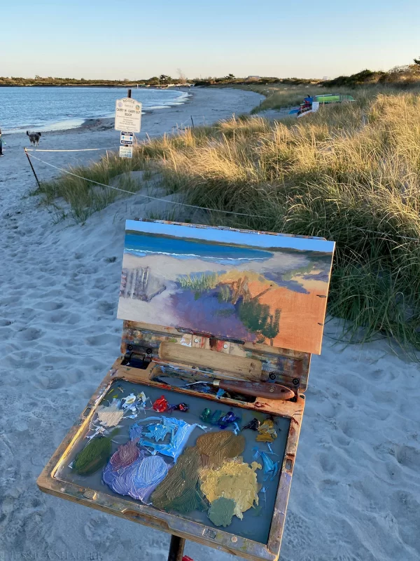 Plein air oil painting the dunes at Third Beach, Middletown, Rhode Island