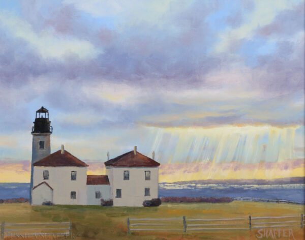 'Rays of Sunshine' landscape oil painting of sunlight streaming through the clouds over Beavertail Lighthouse, Jamestown, Rhode Island.