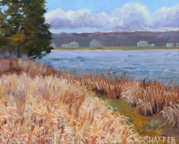 'Tranquil River View' plein air oil landscape painting, 10 x 8 inches