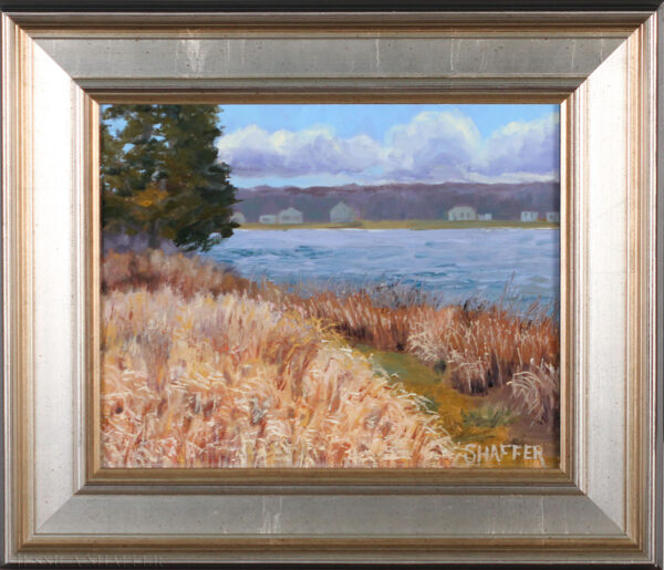 'Tranquil River View' plein air landscape painting of Touisset Marsh Wildlife Refuge framed in warm silver