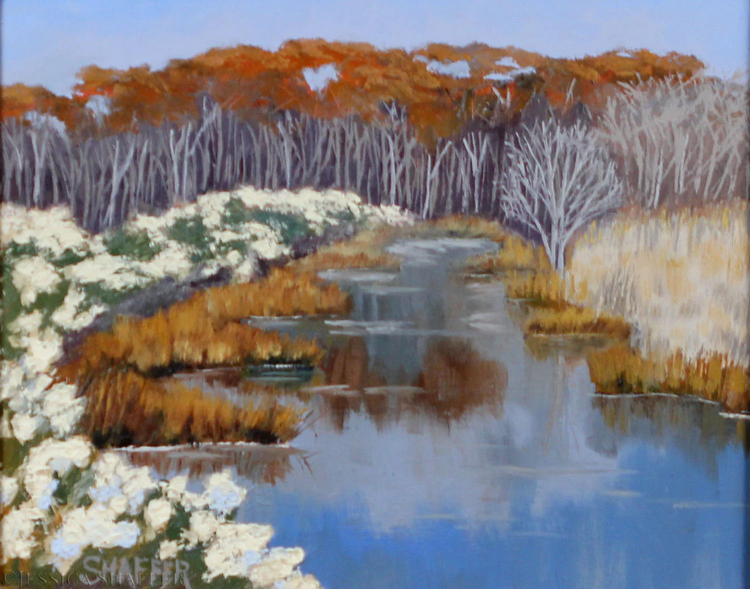 'Autumn Marsh Glow' plein air landscape oil painting of Barn Island Management, Stonington, CT.