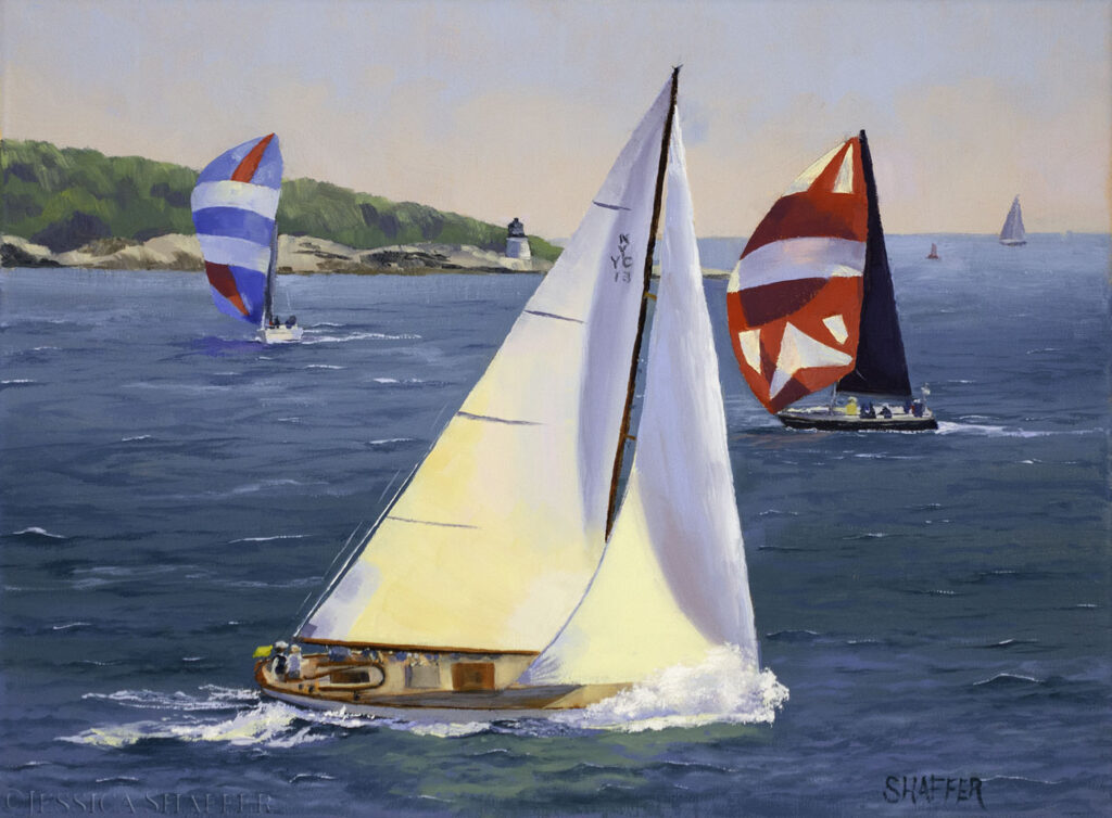 Landscape oil painting of sailboats racing in Narragansett Bay past Castle Hill Lighthouse, Narragansett Bay Rhode Island art for sale