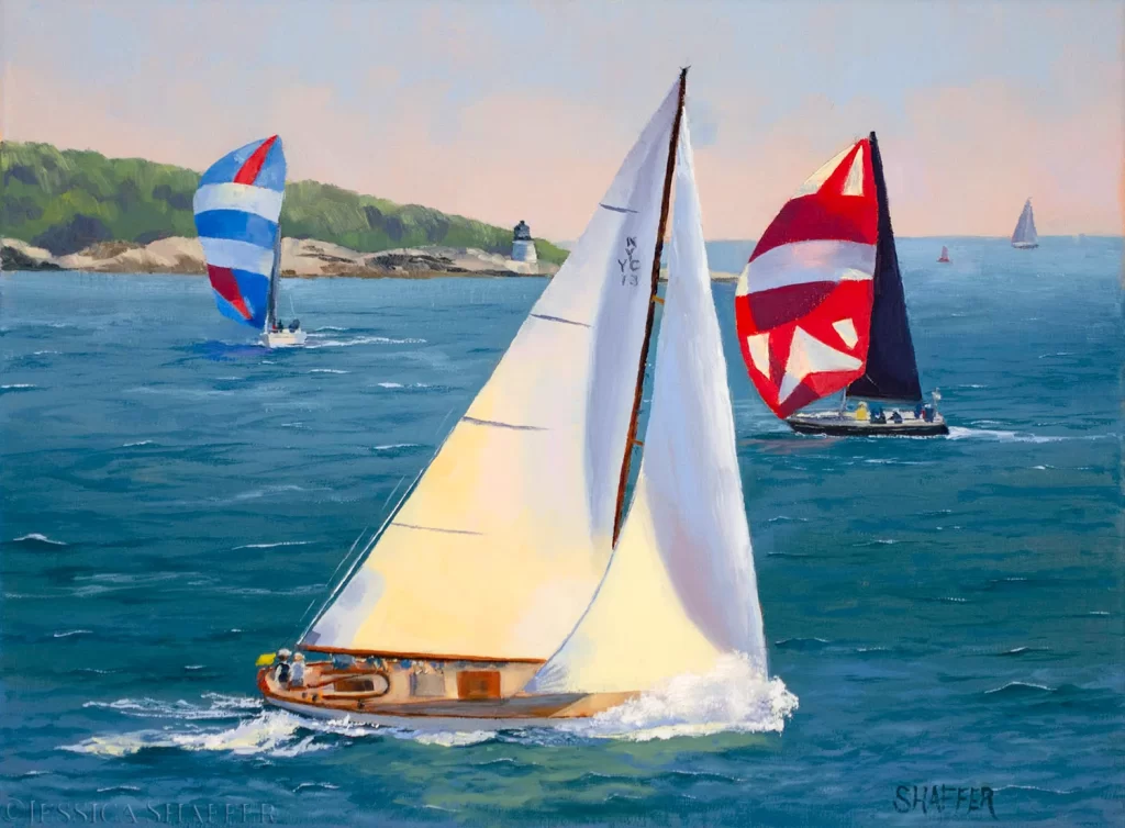 Landscape oil painting of sailboats racing in Narragansett Bay past Castle Hill Lighthouse, Narragansett Bay Rhode Island art for sale