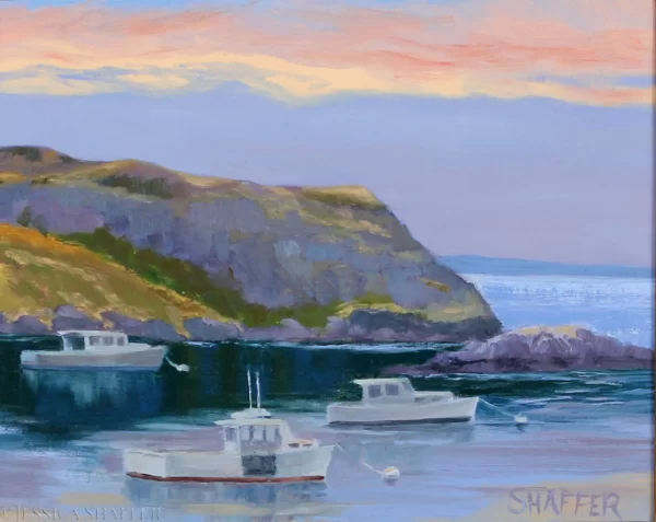 Original landscape oil painting for sale of Monhegan Island Harbor, Maine at sunset with boats in the harbor.