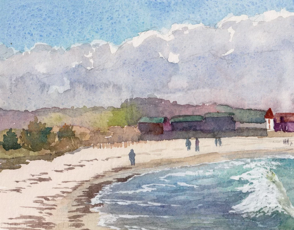 'Gansett Beach Walk', plein air watercolor painting on Arches paper of winter beach walkers on Narragansett Beach